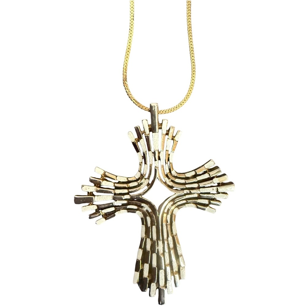 Vintage Brutalist Cross Necklace Gold Tone Enamel Statement Pendant 20" chain‎